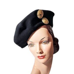 1940s Black Felt True Vintage Tall Beret Style Tilt Hat With Gold Button Trim